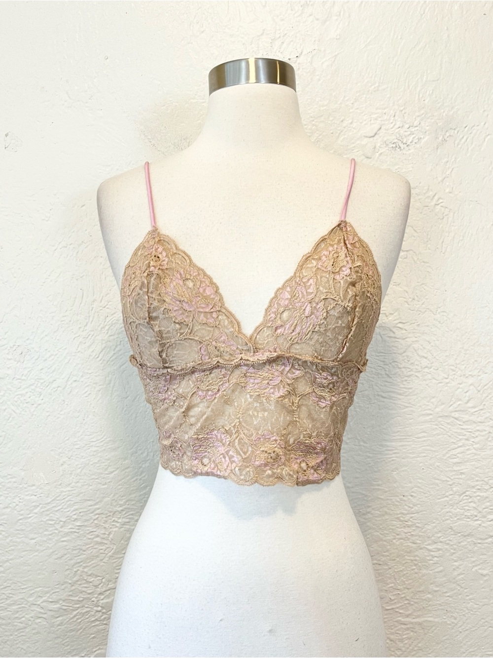 Lace Bralette Cropped Top Fairy Coquette Beige Pink XL